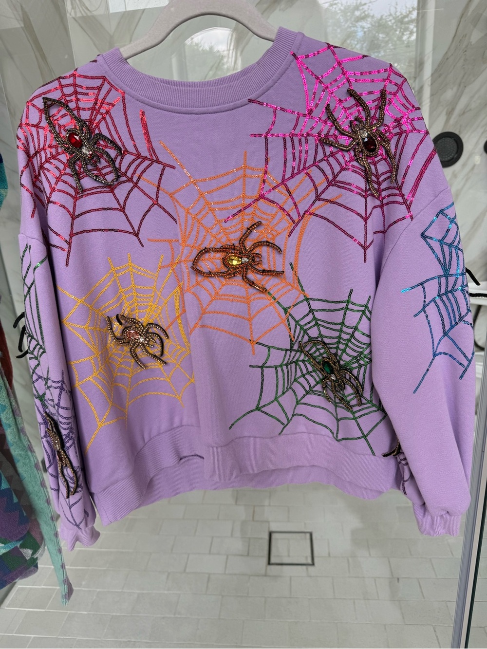 QUEEN OF SPARKLES Lavender Spiderweb Embellished Sweatshirt
